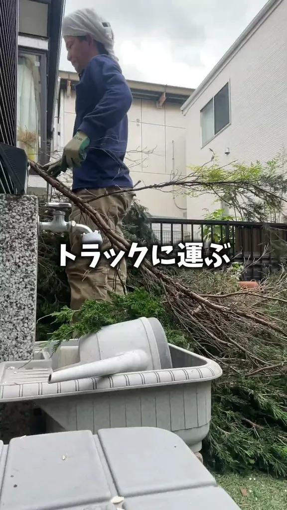 埼玉県で庭の木を伐採する作業の様子